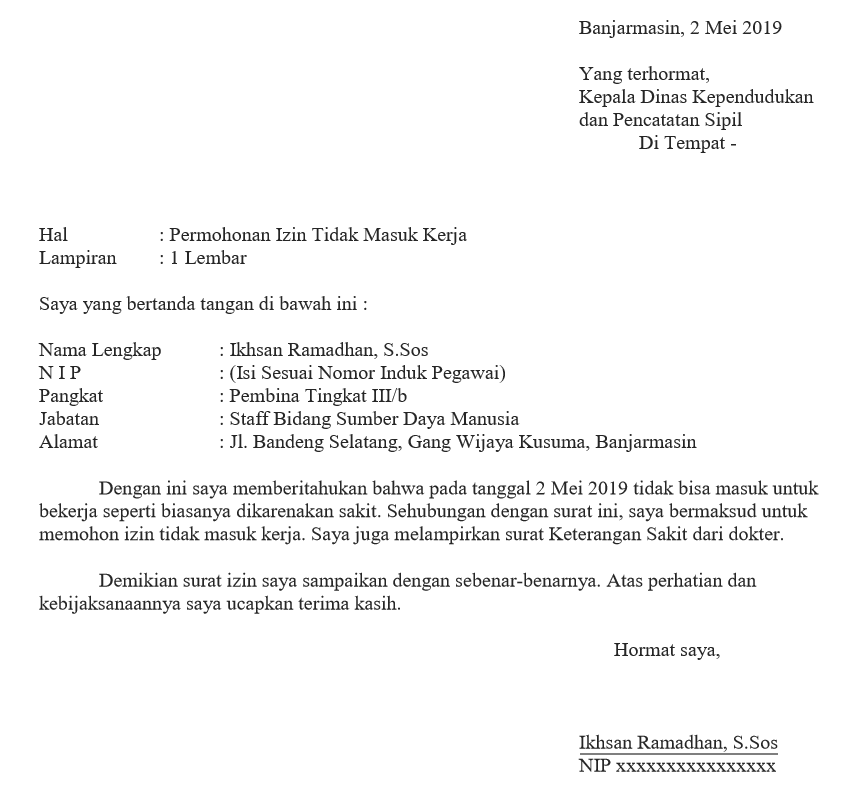 contoh surat izin sakit kerja