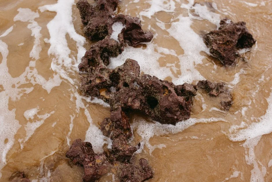 Panorama laut luas dengan ombak yang menerpa bebatuan, menggambarkan proses erosi yang membawa mineral ke laut.
